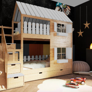Łóżko piętrowe w kształcie domku ze schodami