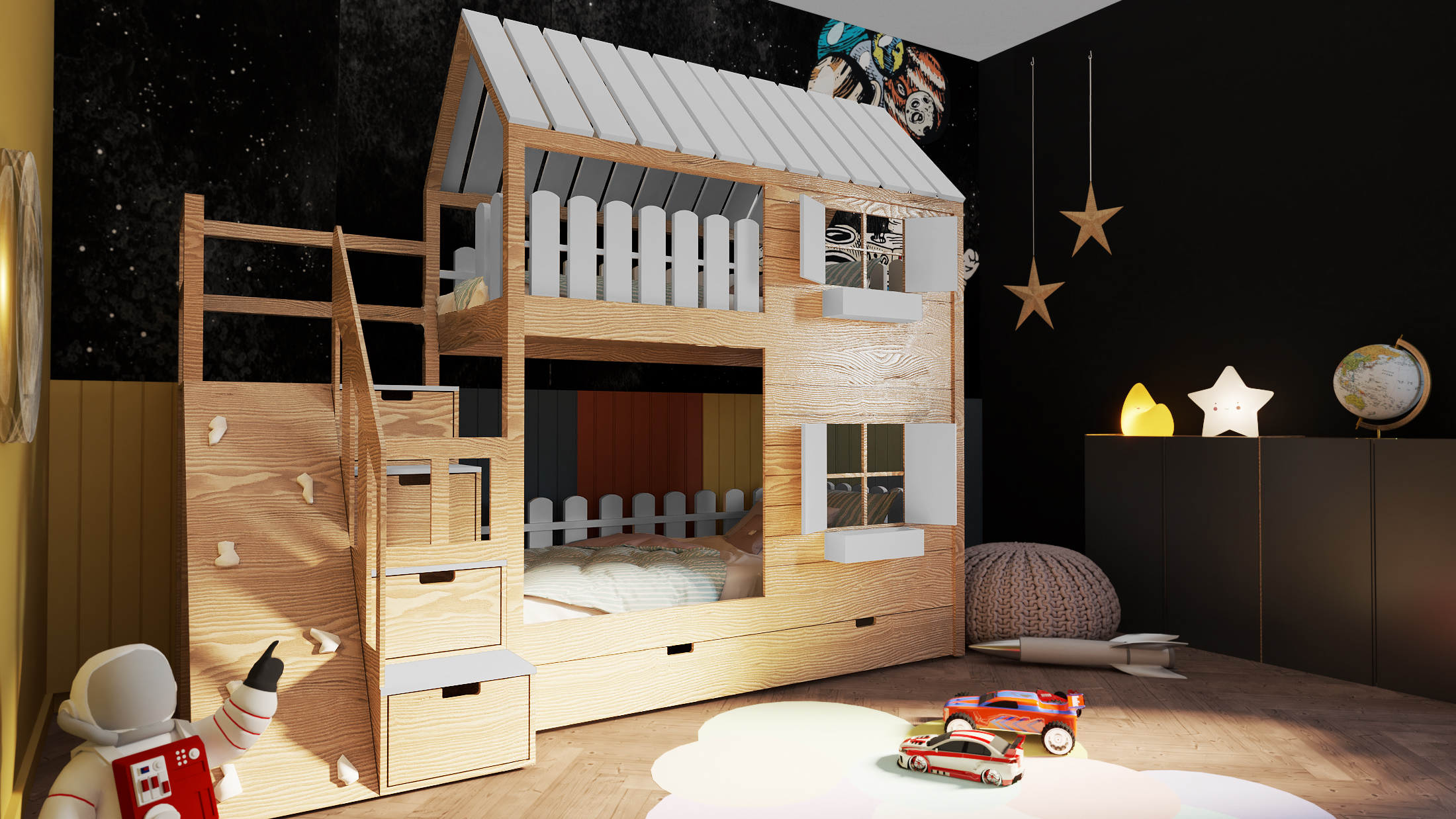 Łóżko piętrowe w kształcie domku ze schodami