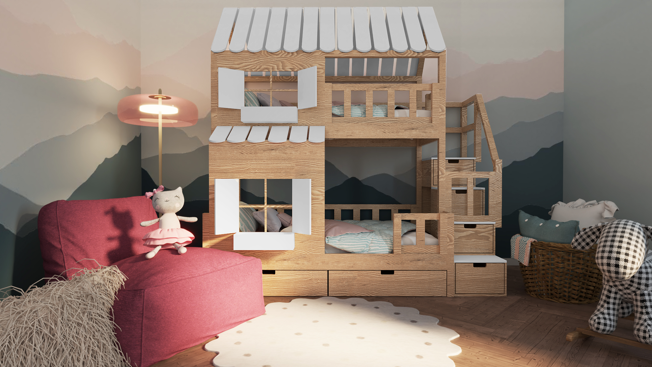 Łóżko piętrowe domek ze schodami z dachem i oknami