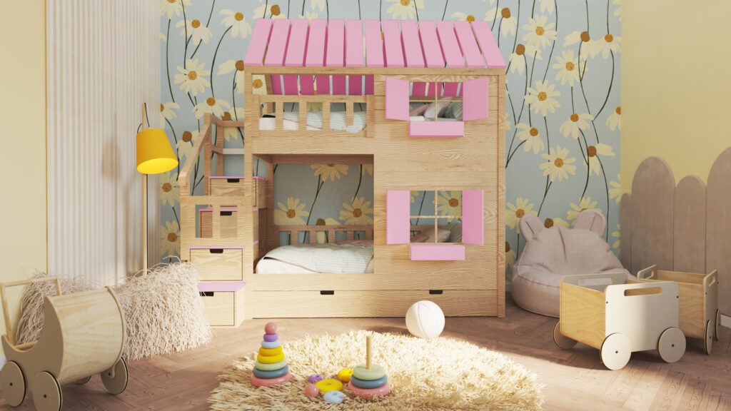 Łóżko piętrowe domek ze schodami