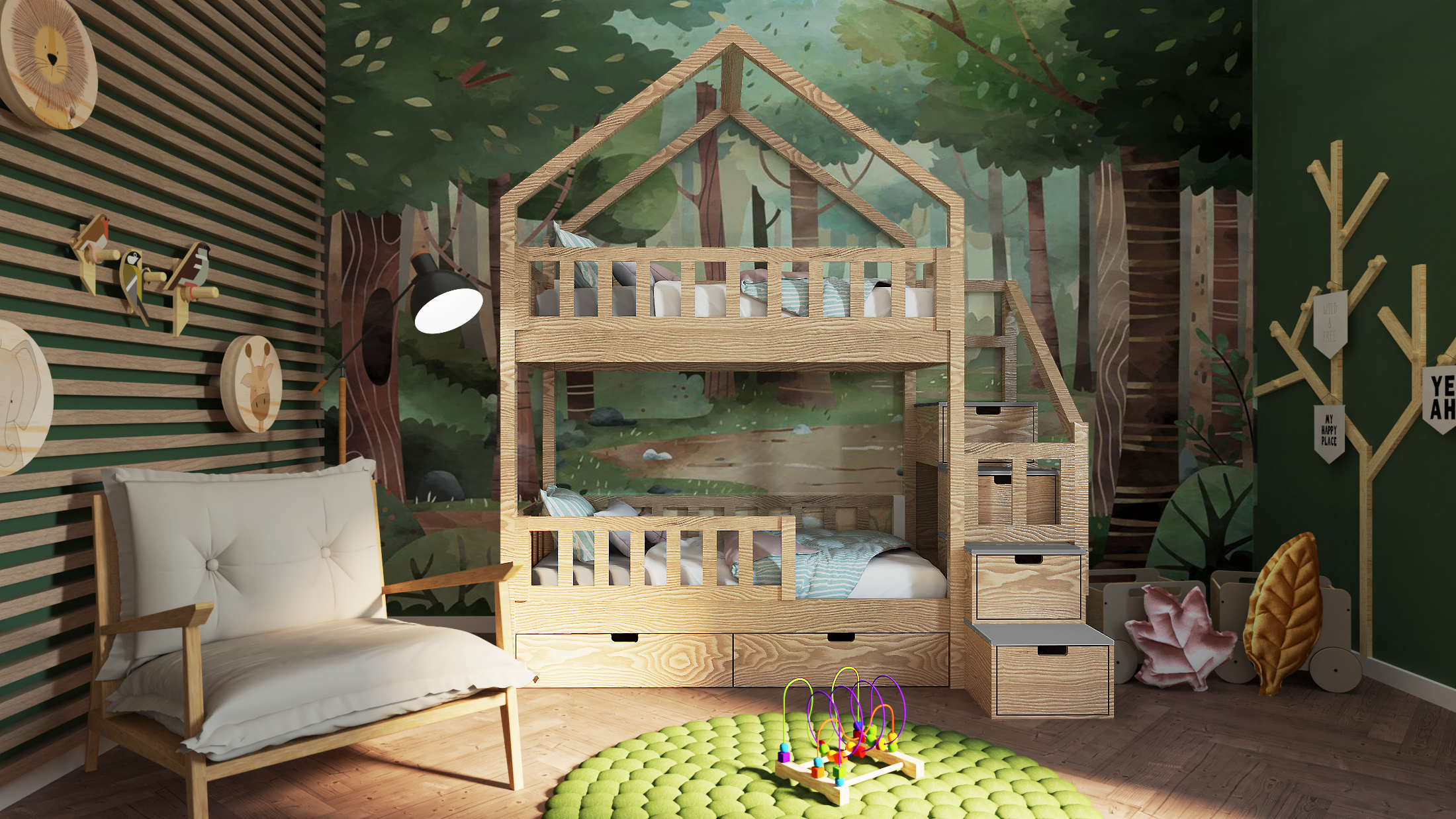 Łóżko piętrowe domek ze schodami