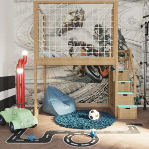 Łóżko na antresoli dla dziecka ze sznurkowymi panelami