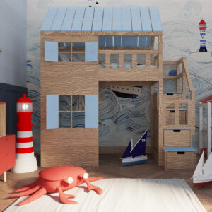 Łóżko antresola dla dziecka w kształcie domku ze schodami