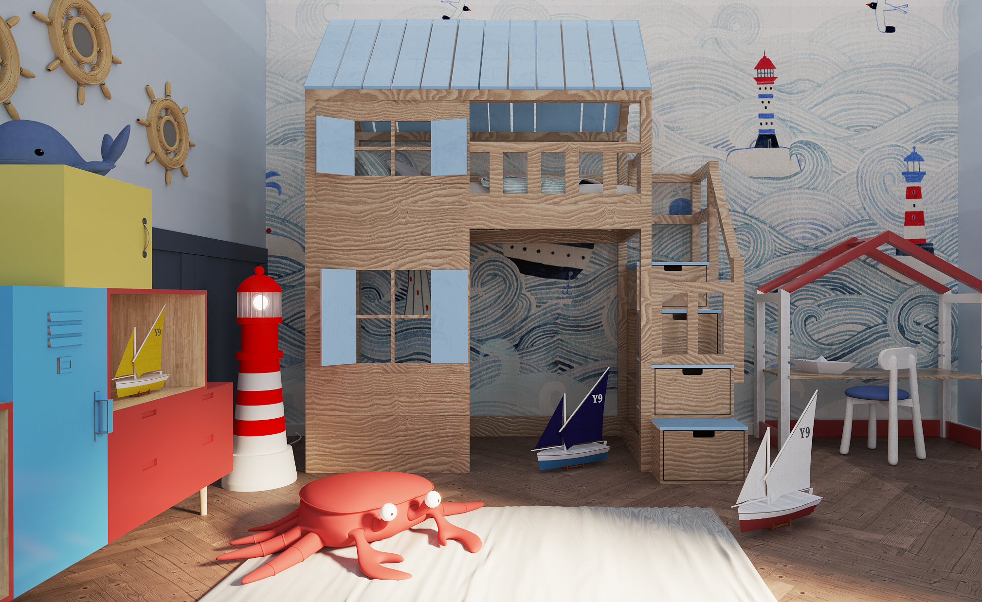 Łóżko antresola dla dziecka w kształcie domku ze schodami