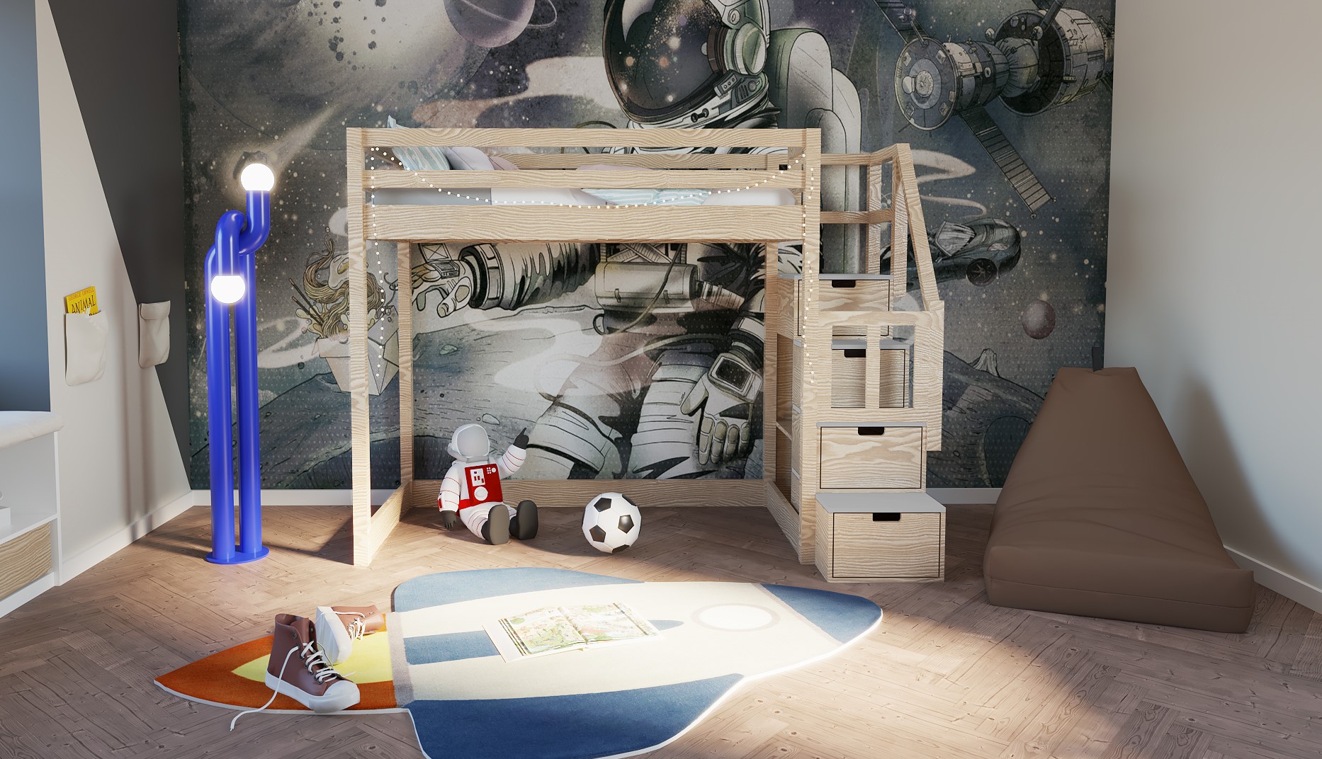 Łóżko na antresoli dla dziecka ze schodami