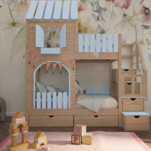 Łóżko piętrowe domek dla dzieci ze schodami