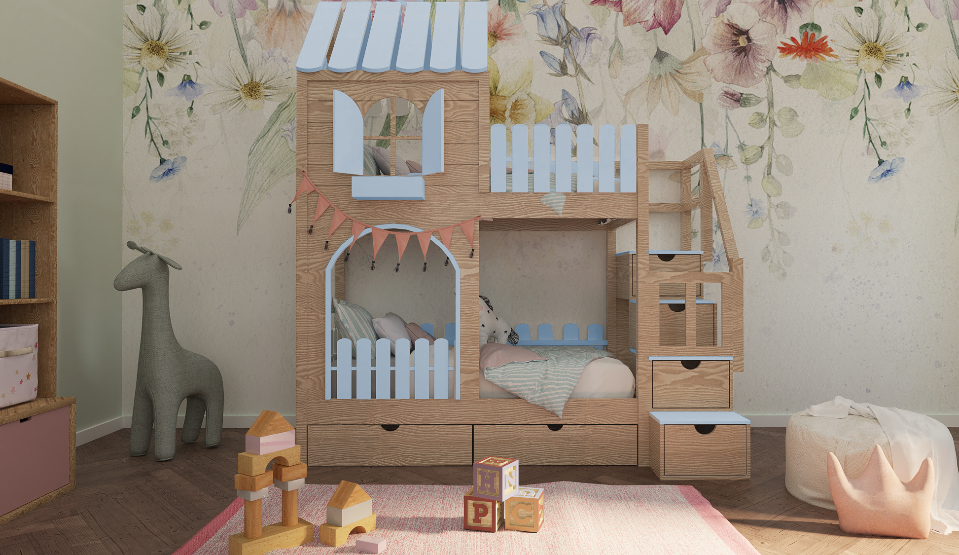 Łóżko piętrowe domek dla dzieci ze schodami