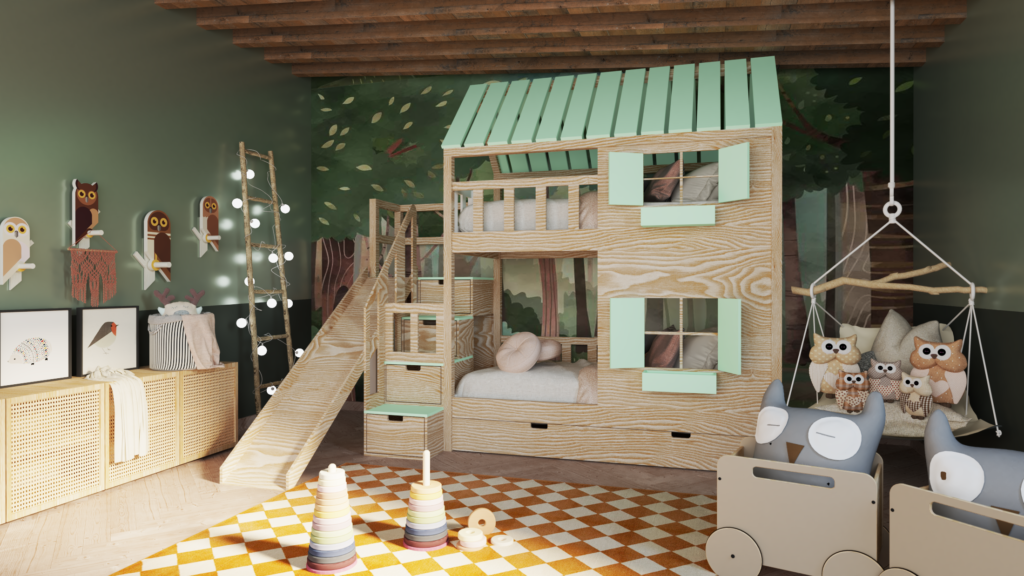 Łóżko piętrowe dla dzieci ze zjeżdżalnią